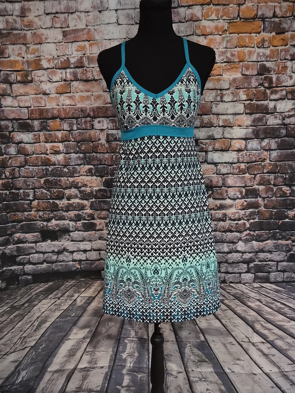 Athleta Teal Patterned Spaghetti-Strap Mini Dress